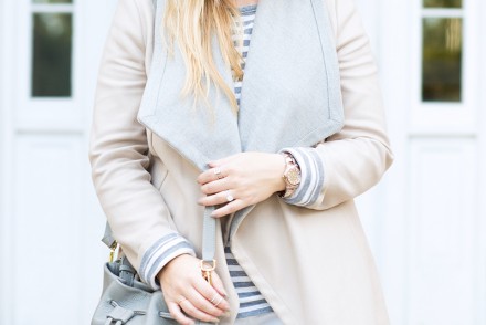 icy grey and tan coat, white distressed denim