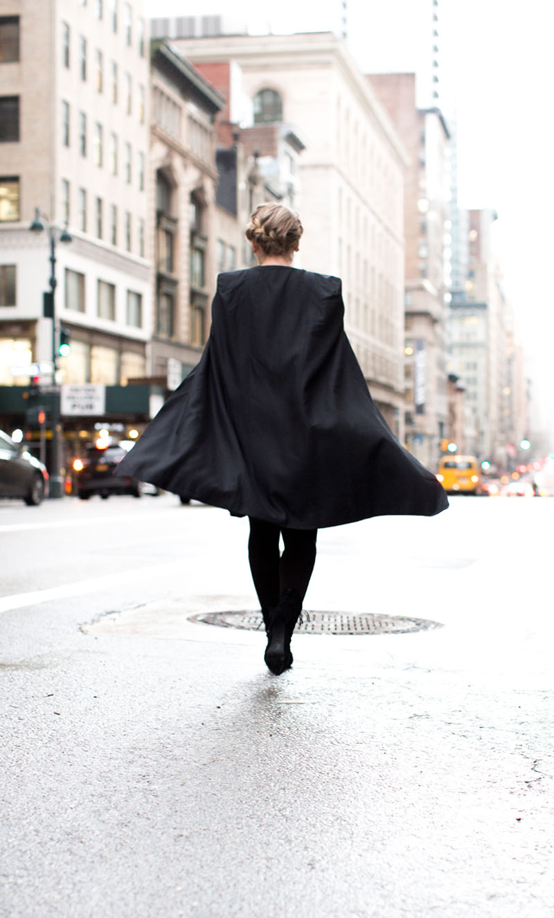 black cape dress, NYFW