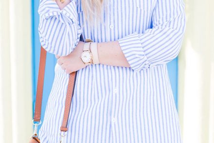 Blue and white Stripe Button-Down, white skinny jeans