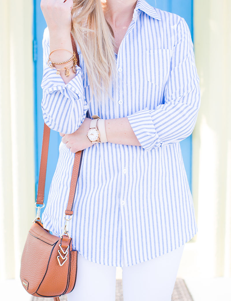 Blue and white Stripe Button-Down, white skinny jeans