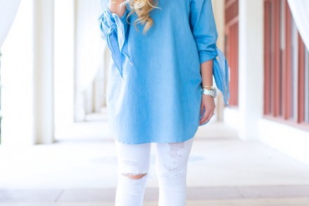 light blue off-the-shoulder tie sleeve top and white denim