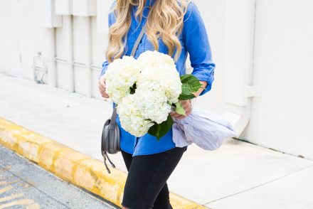 casual friday, black jeans + blue button-down