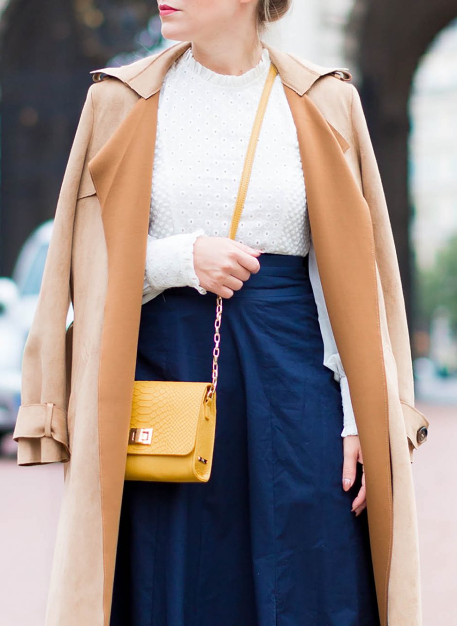 Navy Skirt + Camel Trench