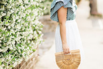 White Eyelet Skirt + Navy Ruffle Top