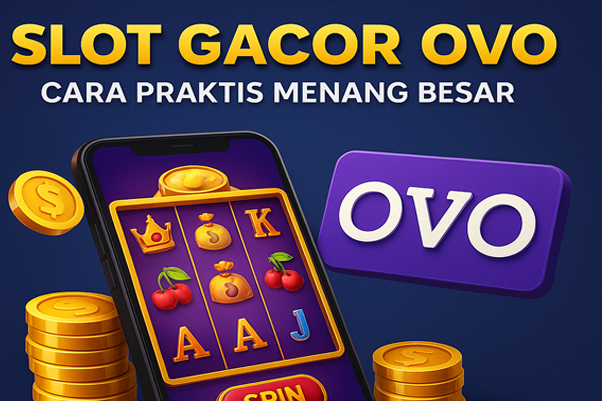 Ilustrasi 3D slot gacor OVO di GOCAP4D dengan gulungan jackpot emas, efek maxwin, dan tampilan deposit OVO di layar smartphone.